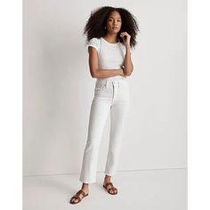 Madewell Womens Kick Out Crop Jeans In Pure White Light Wash Size 32 Tall * * The Cut: An Update To Our Fan-Fave Cali Demi Fit, These Lean, Modern Mid-Rise Cropped Jeans Feature More Of A Kicked-Out Flare And Come Complete With The Holds-You-In Sorcery Of Our Magic Pockets In Front. * The Fabric: Premium Vintage-Y Stretch White Cone Denim That Hugs The Body, Bounces Back Like A Pro (Aka No 3pm Bagginess) And Has Zero Show-Through. * Purest White Shade. * Please Note: This Style Runs Large, So We Madewell Jeans, Crop Jeans, White Crop, Baggy Jeans, Like A Pro, Pure White, Cropped Jeans, Cali, White Light