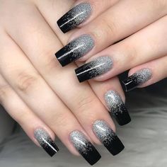 Black Ombre Nails, Fiberglass Nails, Black Nails With Glitter, Ombre Nails Glitter, Silver Nail, Fancy Nails Designs, Ombre Nail Designs, Nail Designs Glitter, Silver Nails