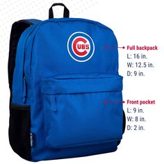 Wildkin's MLB 16 Inch Backpack combines your favorite game day logos with our functional design. Measuring 16 x 12.5 x 9.5 inches, the 16 Inch Backpack is just the right size. Our 16 Inch Backpack features two padded adjustable shoulder straps, a padded back, a durable top handle, two zippered compartments, and mesh side water bottle pockets. Made from super durable exterior fabric and fully-lined interior, the 16 Inch Backpack is capable of handling anything you throw at it. The backpack easily Laptop Pocket, Major League Baseball, Major League, Chicago Cubs, Functional Design, Girls Accessories, Game Day, Kids Accessories, Shoulder Straps