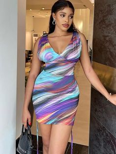 Material: Made of 90-95% Polyester & spandex.Feature: Sleeveless. abstract print. tie dye. v-neck. tie up. ruched. bodycon. mini dress.Style: Casual. Clubwear Multicolor V-neck Bodycon Dress For Night Out, Multicolor V-neck Bodycon Dress, Tie Dye Fitted V-neck Dress, Fitted Tie Dye V-neck Dress, Summer Multicolor Ruched Bodycon Dress, Tie-dye Fitted V-neck Dress, Fitted Sleeveless Tie Dye Mini Dress, Multicolor Ruched V-neck Mini Dress, Casual Clubwear