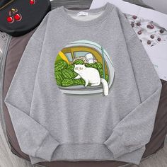 Casual Sweater With Cartoon Print And Relaxed Fit, Casual Long Sleeve Sweatshirt With Cat Print, Winter Cartoon Print Relaxed Sweatshirt, Winter Cartoon Print Sweatshirt With Relaxed Fit, Casual Cat Print Sweater For Winter, Winter Cotton Top With Cat Print, Casual Winter Sweater With Cat Print, Casual Winter Tops With Cat Print, Casual Gray Sweatshirt With Cartoon Print