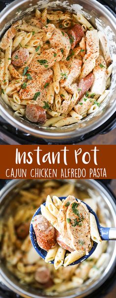 two pans filled with chicken alfredo pasta and one is being lifted from the pot