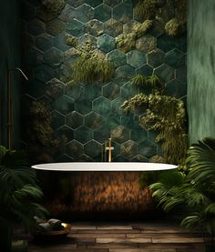 a bath tub sitting in front of a green wall