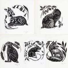 four black and white drawings of animals in different positions, with leaves on the sides