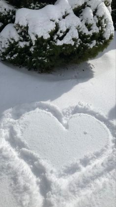 a heart drawn in the snow next to some trees