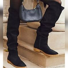 Free People Banks Over The Knee Boots Black Suede Size 7 ( 37.5) This Style Runs True To Size, If In Between Sizes; We Suggest Sizing Up. Made In Spain Leather, Rubber Size + Fit Measurements Ankle Circumference: 11.8in = 29.97cm Shaft Height: 23.8in = 60.45cm Heel Height: 1.4in = 3.56cm Lower Calf Circumference: 13.6in = 34.54cm Bottom Sole Is Discreetly Marked To Prevent Retail Return They Have Been Tried On In Store And Handled. There Are A Few Minor Scuffs Or Mild Scratches From Storage. Ple Free People Shoes, Over The Knee, Over The Knee Boots, Black Suede, Black Boots, Free People, Heel Height, Women Shoes, Boots