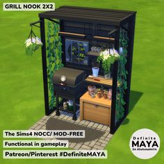 an outdoor kitchen with plants and potted plants on the outside, next to a grill nook 2x2