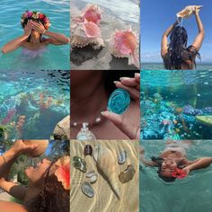 a collage of photos showing different types of seashells in the water and on women's heads