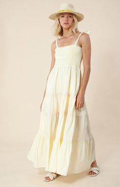 Washed Cotton Voile
Body is Lined to Above the Knee
Embroidered Smocking at Bust
Ties at Shoulder are Adjustable
Tiered Skirt with Contrast Dot Trim
Maxi Length (58" HPS) Solid Maxi Dress, Cotton Voile, Tiered Skirt, Above The Knee, Xl Dress, Yellow Dress, Yellow White, The Knee, Smocking