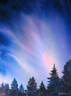 an aurora bore is seen in the sky above some trees