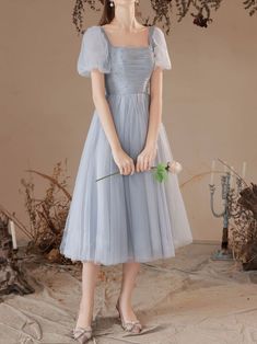 A Line Square Neckline Gray Short Prom Dress, Gray Homecoming Dresses – shopluu Spring Banquet Dress With Empire Waist, Fitted Tulle Midi Dress For Bridesmaids, Modest Homecoming Dresses, Tea Length Prom Dress, Blue Homecoming Dresses, Princess Ball Gowns, Prom Dresses Modest