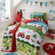 a child's bedroom with colorful bedding and decorations