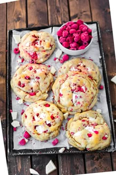 raspberry white chocolate chip cookies on a baking sheet