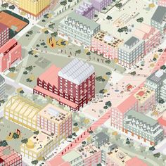 an illustrated city with lots of tall buildings