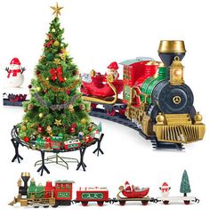 a christmas tree and train set with santa's sleigh in the background