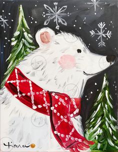 a painting of a polar bear wearing a red scarf with snowflakes on it