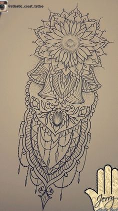 a drawing of an owl with flowers on it's head and the hand next to it