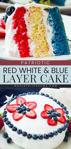 Looking for Memorial Day dessert recipes and 4th of July treats? This patriotic layer cake is a must-try summer dessert idea! Complete with a fluffy white icing plus strawberries and blueberries, this red white and blue cake is so festive! Best Icing Recipe, Homemade White Cakes, July Inspiration, Mouthwatering Desserts, Strawberries And Blueberries, Icing Recipes, Nutella Desserts