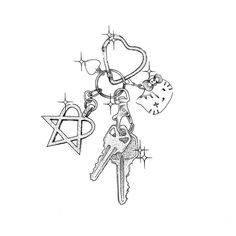 a pen drawing of a keychain with two keys attached to it, and a star of david in the middle