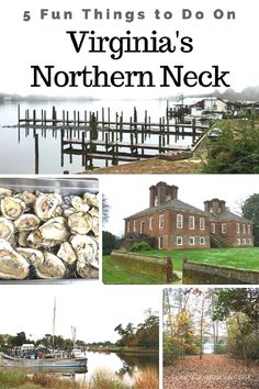 there are many different pictures with the words virginia's northern neck on it, including an old brick building