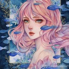 a watercolor painting of a girl with pink hair and blue fish around her neck