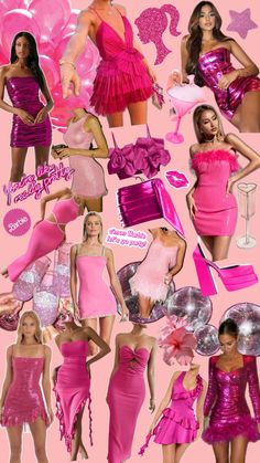 a collage of pink dresses and accessories