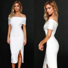 two women in white dresses one is wearing a high slit skirt and the other has an off - shoulder top