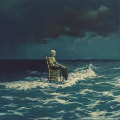 a skeleton sitting on top of a chair in the ocean