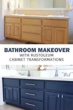 bathroom makeover with rustoleum cabinets and white countertops in navy blue color scheme