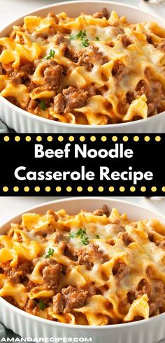 beef noodle casserole recipe in a white dish