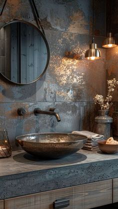 a bathroom with a sink, mirror and lights