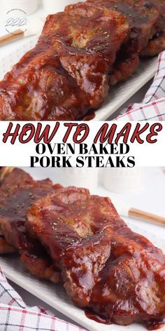 how to make oven baked pork steaks on a white plate with chopsticks