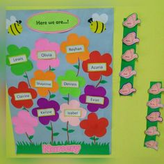 a bulletin board with flowers and bees on it