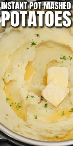 mashed potatoes with butter and parsley in a pan