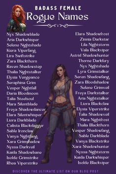 an image of a female character list for the role game rogiee names on purple background