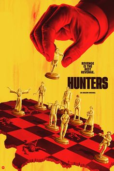 a movie poster for the film hunters with hand on chess board and figures in red