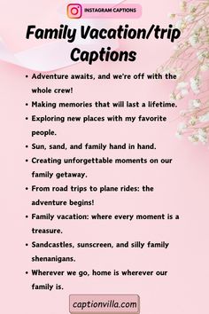 a pink poster with the words family vacation / trip captions