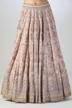 Peach lehenga with an attached cancan, floral embroidery highlighted with stone work. Comes with coordinating embroidered blouse with attached pleated drape on one shoulder. - Aza Fashions Peach Lehenga, Lehenga Pattern, Draped Blouse, Embroidered Lehenga, Types Of Work, Tarun Tahiliani, Stone Work, Embroidered Blouse, Set For Women