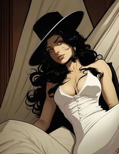 a woman in a white dress and black hat laying on a bed with her eyes closed