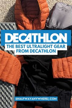 an orange and black jacket with the words decathlonon on it next to other clothes