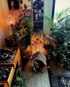 a room filled with lots of plants and pictures on the wall next to a record player