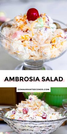 two bowls filled with food and the words ambrosia salad on top of them