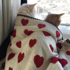 two cats sitting on the back of a couch under a blanket covered in heart - shaped hearts