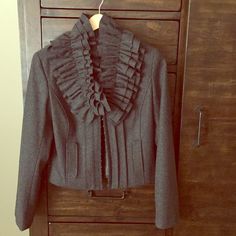 Nwot Adorable Couture Dark Grey Blazer, Never Worn! Reasonable Offers Welcome!! Chic Winter Blazer With Ruffles, Dark Grey Blazer, Upcycled Clothes, Grey Blazer, Colored Blazer, Upcycle Clothes, Blazer Suit, Dark Grey, Gray Color