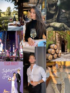 a collage of photos with people and animals in them, including a woman holding a glass of wine