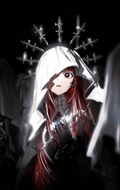 an anime character with long red hair wearing a white hoodie and holding a knife