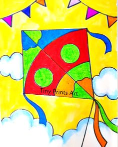 a drawing of a kite flying in the sky with clouds and sun behind it that says tiny prints art