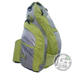 a green and gray backpack sitting on top of a white background