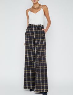 L'Agence Pilar Tweed Wide Leg Pant in Black Yellow Multi Plaid on pre-order. Delivery date: 10/30/2024-11/30/2024. High waisted. Wide leg. Belt loops. Front zip fly closure. Hidden hook-and-bar closure. Side pockets. Back welt pockets. Defined waistband. 100% Polyester. Rise: 11" Inseam: 34" Leg Opening: 14.3" Model Details: Height 5’9.5" | Bust 32" | Waist 24" | Hips 35" | Shoe 8 | Wearing Size 2 Imported. Dry clean. Yellow Plaid Pants, Plaid Pant, Resort Accessories, Rococo Sand, Leg Belt, Ronny Kobo, Yellow Plaid, Denim Shoes, Wide Leg Pant