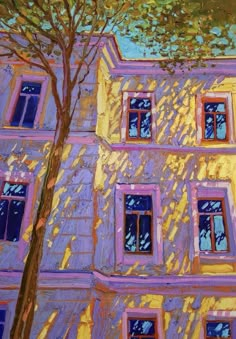 a painting of a building with windows and trees